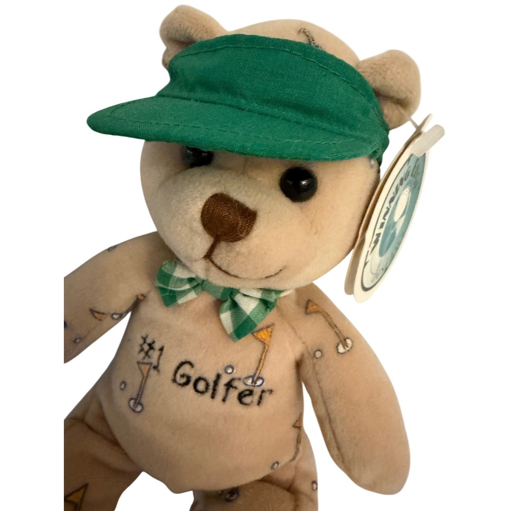 Winning Edge Designs 1 Golfer NWT Plush Bear Green Visor Gingham Bow Tie 1999 9"